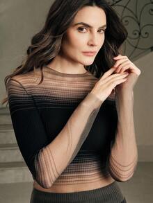 Anewsta Women's Contrast Color Gradient Turtleneck Long Sleeve T-Shirt, Slimming Top - Black - View 4