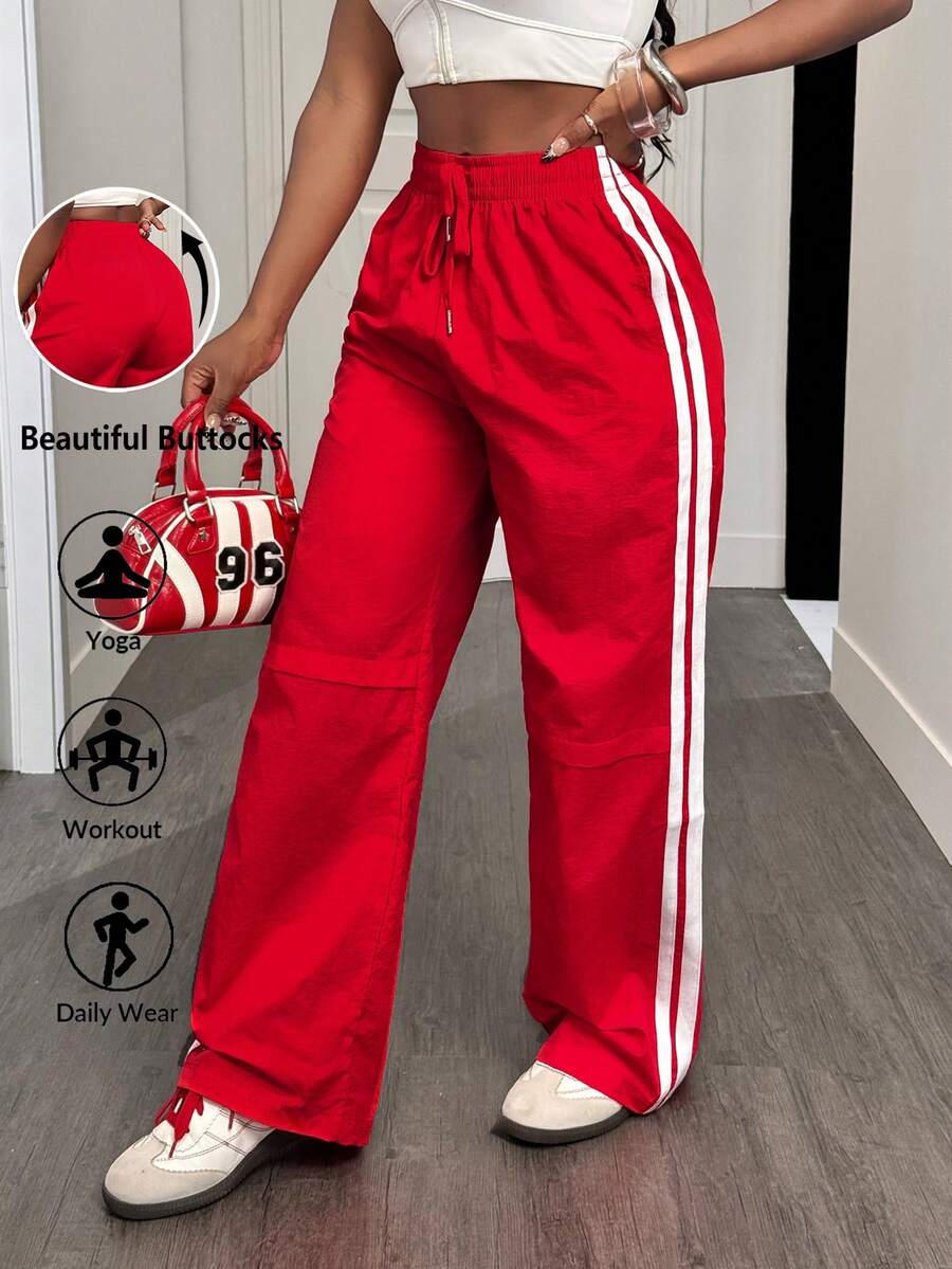 Slaydiva Women's Colorblock Striped Straight Leg Sweatpants - Red - View 1
