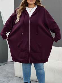 SHEIN CURVE+ Áo nỉ dài tay có mũ trùm đầu màu trơn cỡ lớn có túi khóa kéo dành cho nữ, Quần áo mùa thu cho nữ mùa đông Thu/Đông - Màu tím - Xem 6