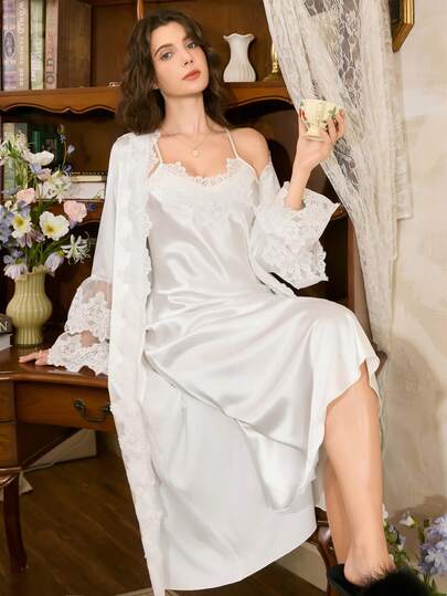 Côtesoire Set French Elegante Kanten Patchwork Nightgown Robe, Charming Sleepwear White, Wedding, Spaghetti Strap Night Gown Verleidelijke Pieces Doorschijnende Zijden Women, Fall Clothes view 3