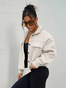 SAYEHFBABY Flap Pocket Drop Shoulder Button Front Overcoat In Fall/Winter - Apricot - View 6