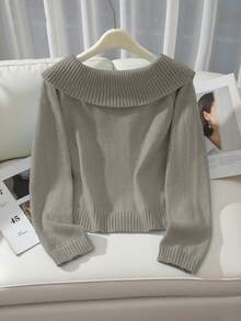 Franclia Button Decor Off Shoulder Solid Color Elegant Long Sleeve Sweater - Dark Grey - View 2