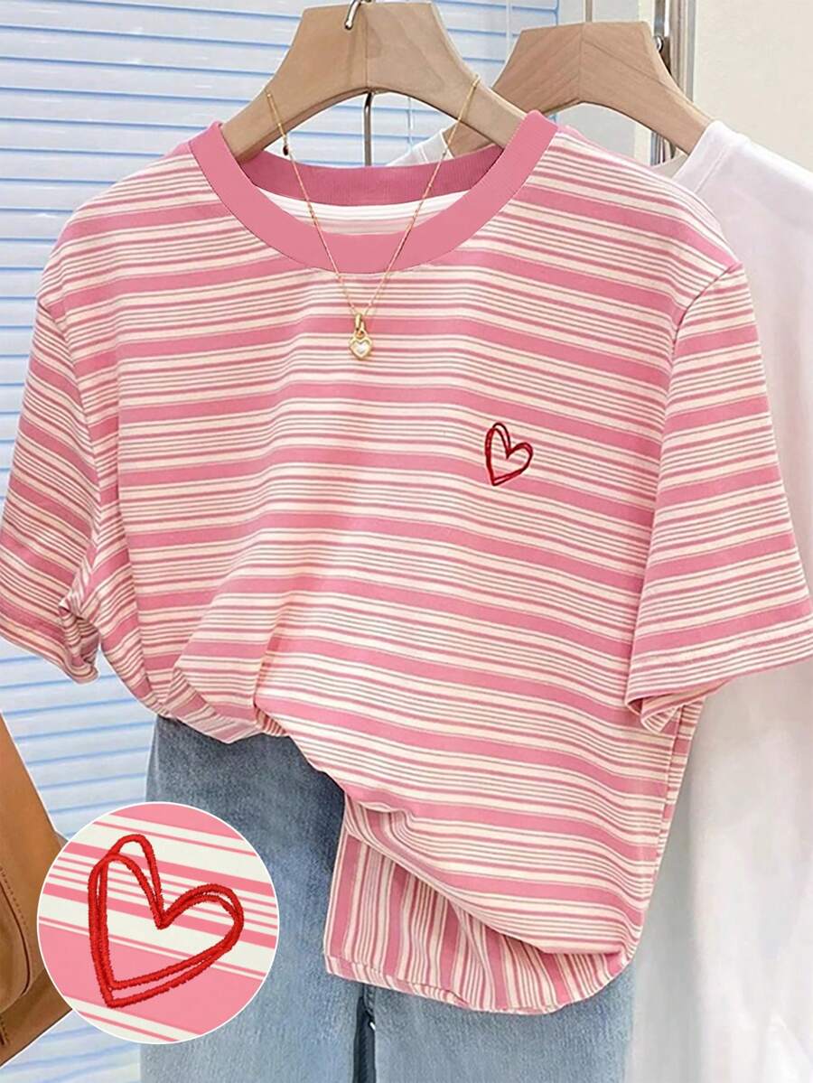 SHEIN 粉色条纹+爱心刺绣图案圆领常规T恤