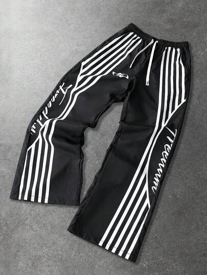 Street Life بنطلون رجالي/نسائي بقصة مستقيمة مع طباعة باللغة الإنجليزية الأمريكية، طراز كاجوال للشارع، مناسب للخريف والشتاء