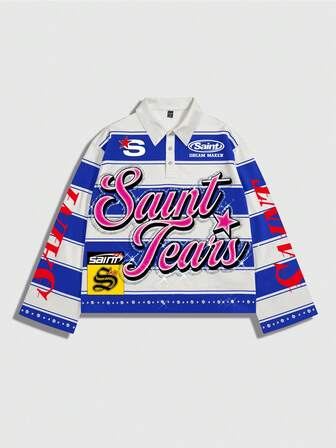 Street Life T-shirt imprimé à manches longues avec col rayé, style décontracté de type universitaire pour hommes