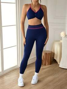 SHEIN Sports Bộ áo ngực thể thao lưng nhún chéo và quần legging cạp cao cho nữ - Màu xanh hải quân - Xem 1