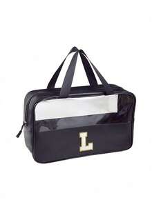 1PC Transparent Letter Toiletry Bag,Fashionable New Square Solid Color Makeup Bag With Embroidery Letters Summer Travel, Vacation Home Bathroom Decor Holiday Makeup Organizer Bathroom Accessories Back To School - Black - View 24