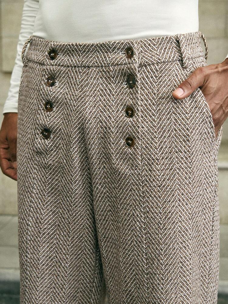 Wool Men's Casual Double-Breasted Lapel Wide-Leg Herringbone Suit Pants