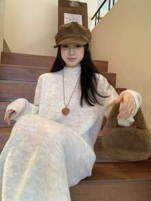 DAZY 女士休闲宽松圆领长袖混纺连衣裙 - 米色 - 查看 3