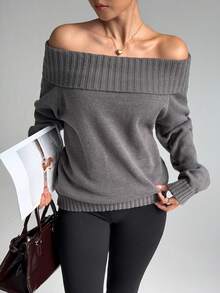 Dewbera Dewbera Women's Regular Fit Long Sleeve Off-Shoulder Sweater - Dark Grey - View 5
