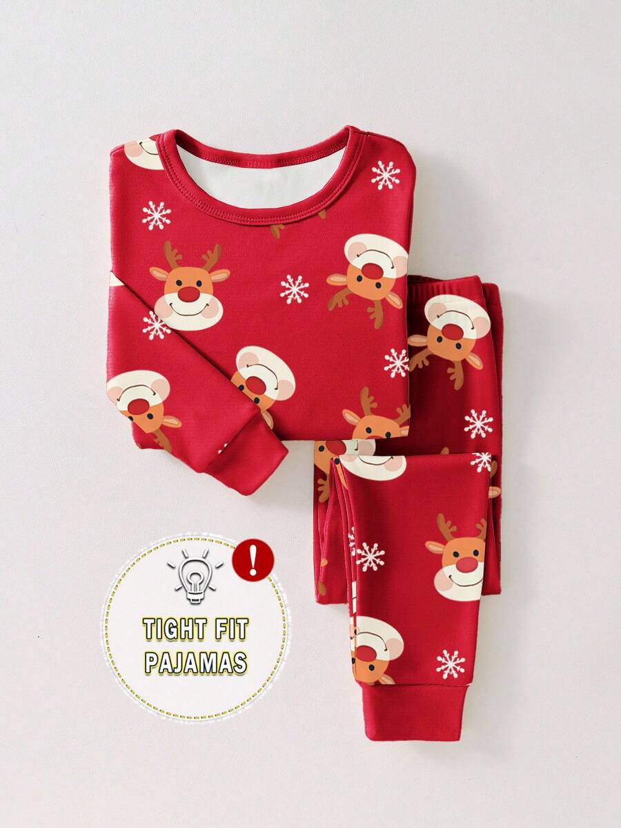 一套男婴圣诞主题小鹿雪花印花修身长袖睡衣套装，春秋季 - 紅色 - 查看 1