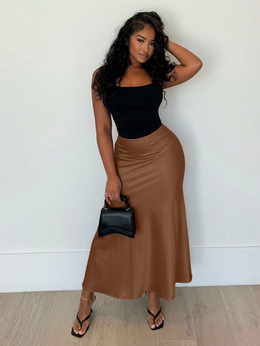 Alexandranx Falda de longitud maxi de un solo color para uso diario, conjunto de ropa de mujer - Óxido marrón - Ver 1