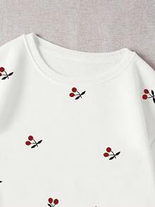 Resyla Women's Outdoor Pullover Sweatshirt, Autumn/Winter, Back To School, Teacher's Day, Outdoor, Cherry Pattern Design Print, Long Sleeve Crew Neck, Street Photography, Holiday & Everyday Wear, Must-Have, Eye-Catching, White, Women's Regular Crew Neck Sweatshirt - White - View 6