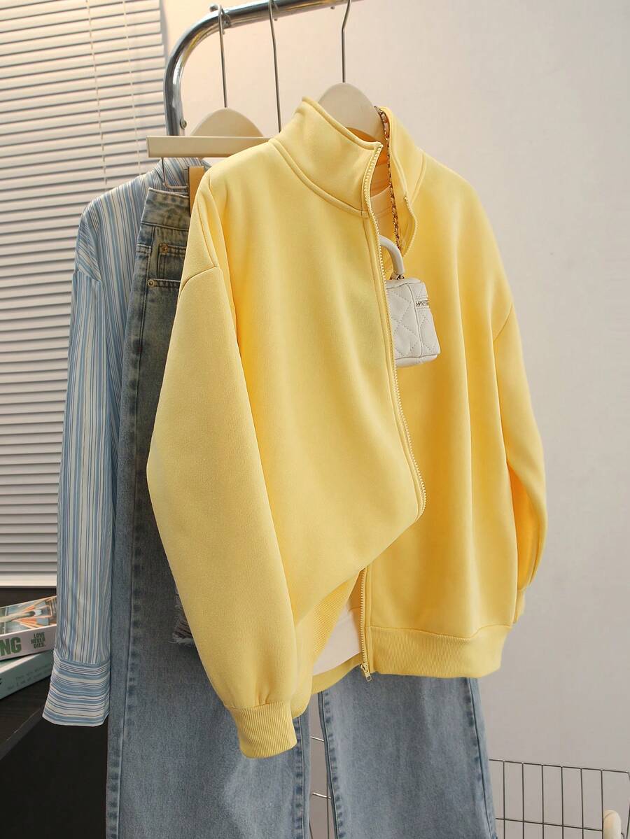 SHEIN 女士休闲纯色拉链卫衣,秋冬季保暖 - 黃色 - 查看 1
