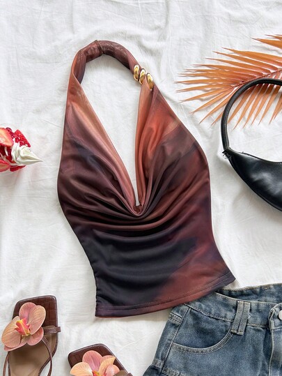 Soleia Autumn/Winter Resort Halter Tie Dye Red- Top With Metal Decor