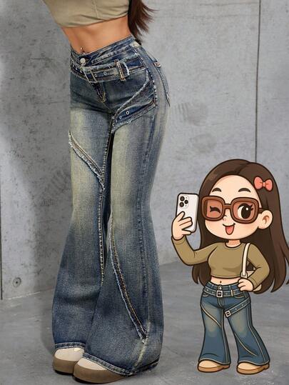 Teen Girls Y2K Vintage Washed Frayed Hem Low Waist Slim Fit Flare Jeans With Waist Buckle Design,Girl Winter And Fall Rave Outfits Festival And Outfits Streetwear School Clothes,Suitable For School, Home And Travel, Bell Bottom Jeans, Bootcut Jeans, Cute Jeans, Girls Jeans, Flared Jeans