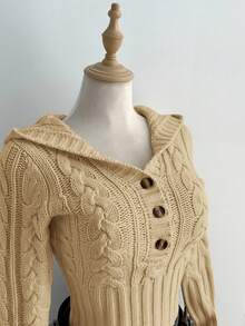 Elamini كنزة صوفية كاجوال قابلة للاستخدام متعددة الأغراض بتصميم ملفوف مزودة بسحاب نصفي - كاكي - مشاهدة 3