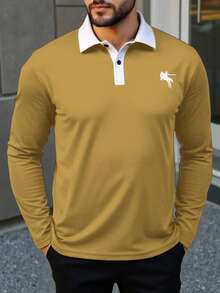 Manfinity Homme 加大码男士撞色拼接领休闲半拉链长袖 Polo 衫，男士 Polo 衫，男士长袖 Polo 衫，男士高尔夫球服，橄榄球衫，男士长袖 Polo 衫 - 黃色 - 查看 3
