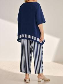 Momelise Plus Size Simple Daily Women's Top And Pants Two-Piece Set, For Summer - Navy Blue - View 2