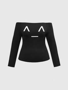 ROMWE J-Fashion 大码休闲表情符号印花露肩修身女式T恤上衣 - 黑色 - 查看 1