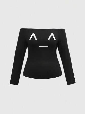 J-Fashion T-shirt aderente da donna con stampa emoticon, scollo a spalla, taglie comode