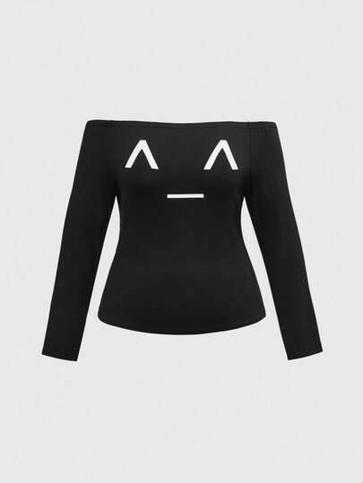 J-Fashion Camiseta ajustada de mujer con estampado de emoticones de hombros descubiertos, talla grande y casual