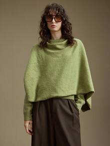 Ontre Verde Bosque, Otoño, Elegante, Top Estilo Poncho de Mezcla de Lana para Uso Diario, Suéter de Punto Minimalista y Chic, Suéter Casual de Negocios Urbano para Mujer para Oficina & Fiesta - Verde Oscuro - Ver 4
