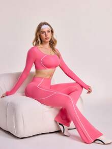 SHEIN Sovereign Charm 2 pièces/Set Femmes Ensemble Yoga Sans Couture Sans Dos à Manches Longues, Vêtements de Sport Décontractés - Rose vif - Voir 7