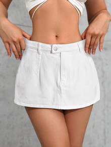 SHEIN ICON 大码女式牛仔迷你裙，夏季牛仔装扮 - 白色 - 查看 3