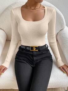 EMERY ROSE Scoop Neck Ribbed Knit Jumper - Apricot - View 4