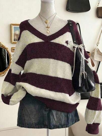 Lalippa 女士休闲宽松V领落肩条纹骑士图案毛衣，秋冬