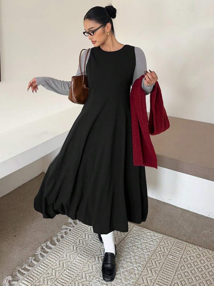 Dazy Plus 2pcs/Set Elastic Fitted Elegant Long Sleeve T-Shirt & Long Bodycon Dress, Plus Size Women, Spring/Autumn Lounge Sets For Women