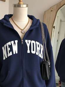 Lalippa Women's Letter Print Drop Shoulder Long Sleeve Zip Front Casual Sweatshirt, Autumn/Winter - Navy Blue - View 4