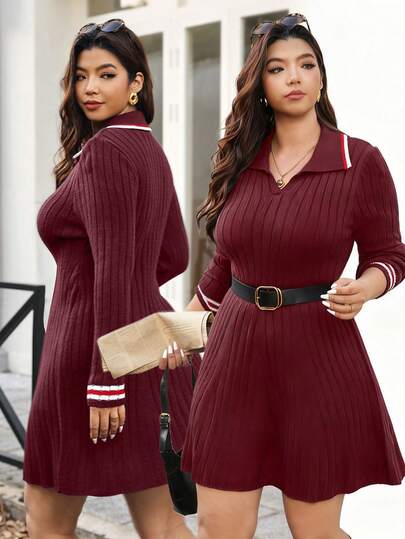 Vionelle Vestido de suéter de punto de manga larga con cuello polo, informal, talla grande, para otoño/invierno