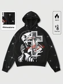 ROMWE MEN Street Life Men's Hooded Sweatshirt, Jesus, Virgin Mary, Cross, English Text Print, Rhinestone Patchwork, Autumn/Winter - Black - View 5