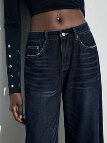 Maija Jeans de pierna ancha de unicolor, versátiles y casuales con bolsillos para mujer - Azul lavado oscuro - Ver 4