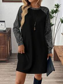 EMERY ROSE Women's Vintage Leopard Print Chic Round Neck Long Sleeve Casual Short Dress, Suitable For Dates, Parties, And Commuting - White - View 6