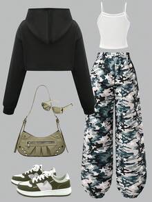 3pcs/Set Camouflage Pattern Sweatshirt Top & Camisole & Drawstring Hem Casual Pants Outfit For Teen Girls, Suitable For Spring/Autumn Daily Wear - Multicolor - View 2