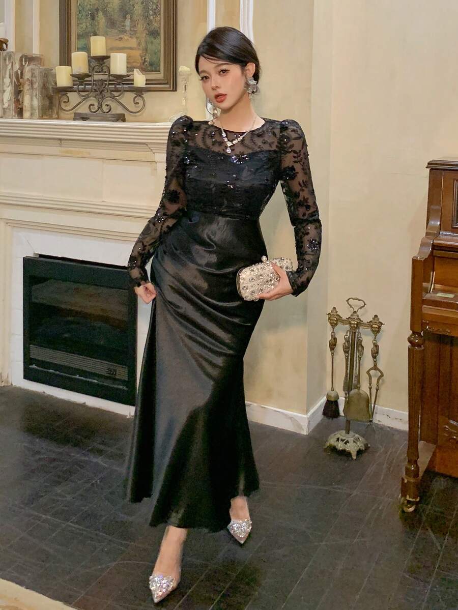 DAZY 女士优雅亮片网纱拼接长款派对连衣裙 - 黑色 - 查看 1