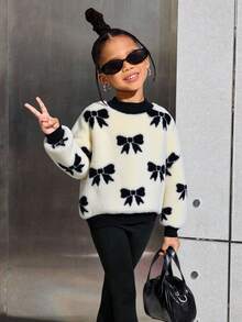 SHEIN Emery Rose Kids Tween Girl 蝴蝶結裝飾長袖抓絨衛衣，蝴蝶結印花套頭衫，休閒運動戶外款，秋冬穿著 - 杏色 - 查看 3