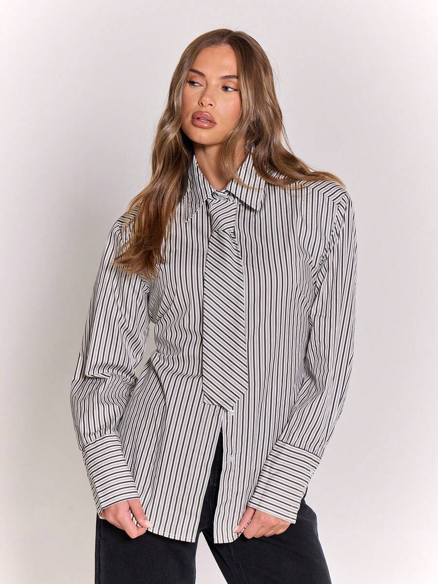 MUSERA 领带细节纽扣收腰条纹衬衫，优雅性感街头风，适合夜间外出、度假、春夏穿着。 - 黑色 - 查看 1