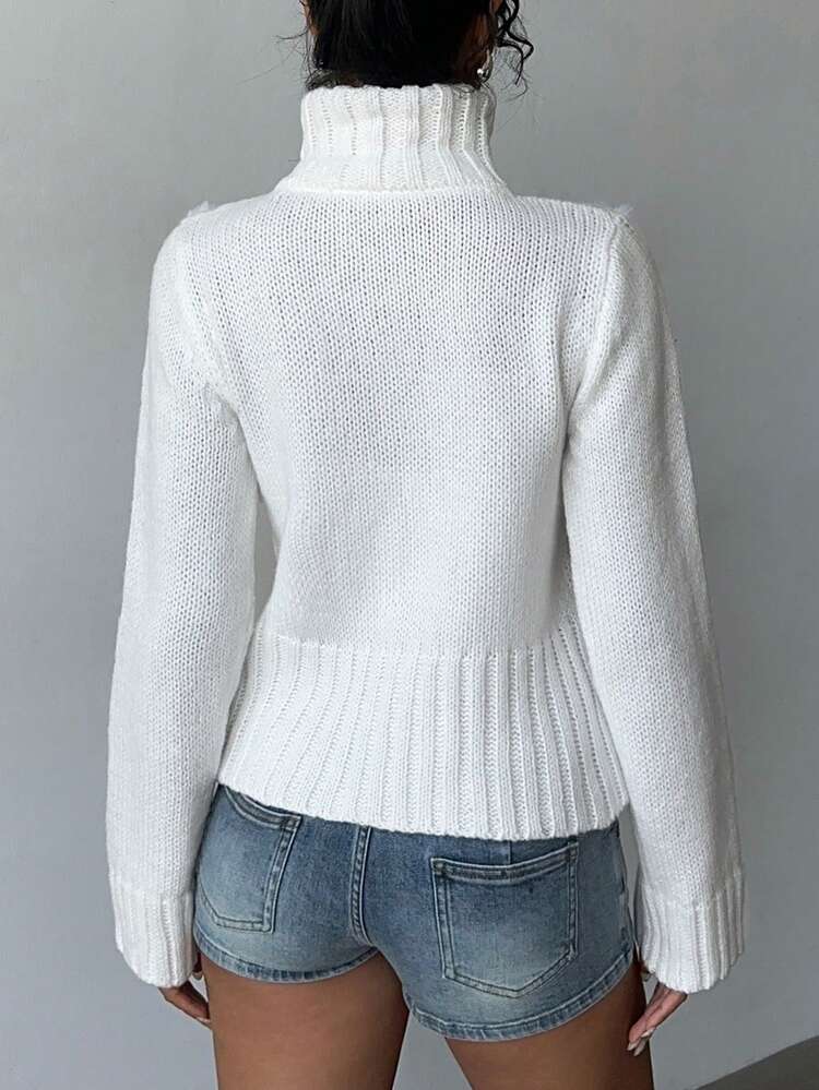 Jeanoix Women's Solid Color Patchwork Fuzzy Long Sleeve Zip-Up Cardigan, Autumn/Winter - Beige - View 2