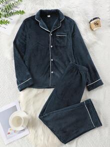 2pcs Teenage Boys' Plush Plush Deep Blue Casual Comfortable Lapel Collar Cardigan Long Sleeve Top And Pants Loungewear Set - Blue - View 1