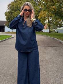 Jeta Ari 女式牛仔卫衣和裤子两件套，秋装 - 深色水洗藍 - 查看 1