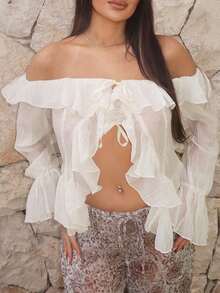 Ambs Edit Áo cánh trễ vai tay dài xếp nếp không đối xứng màu trơn cho nữ, thích hợp cho mùa thu/đông, xuân, lãng mạn, kỳ nghỉ, ngày lễ tình nhân, trang phục hàng ngày, phong cách công chúa, áo sơ mi trắng, sinh nhật, phù dâu - Màu be - Xem 4