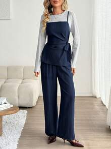 SHEIN LUNE Women's Casual Two-In-One Commuter Pants Set, Women's Winter Fashion Clothing Series, Women's Autumn Clothing Two-Piece Set - Navy Blue - View 4