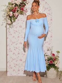 Loomaby Pregnant Women Solid Color 3D Floral Decor Off Shoulder Long Sleeve Ruched Fishtail Hem Elegant Dress Baby Blue Maternity Dress Pregnancy Photoshoot Dress Baby Shower Guest Outfit Light Blue Long Dress Tummy Coverage Dresses  Dress Gender Reveal Dress Maternity Dress Baby Shower Dress - Blue - View 6