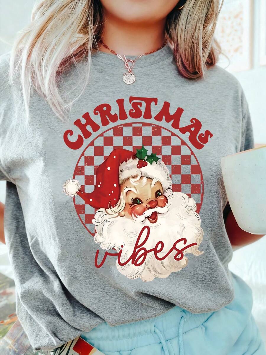EMERY ROSE Red Santa Vibes T-Shirt, Women's Christmas Shirt, Cute And Fun Christmas Top, Retro Santa Claus T-Shirt, Suitable For Spring And Summer - Light Grey - View 1