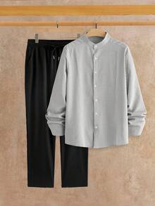 Manfinity VCAY 男士条纹长袖单排扣衬衫和抽绳腰长裤休闲套装 - 彩色 - 查看 6