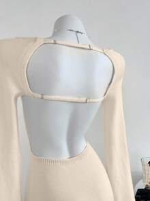 Elamini Vestido de suéter ajustado con mangas acampanadas y espalda abierta, minimalista y sexy, para mujer en otoño/invierno - Albaricoque - Ver 3